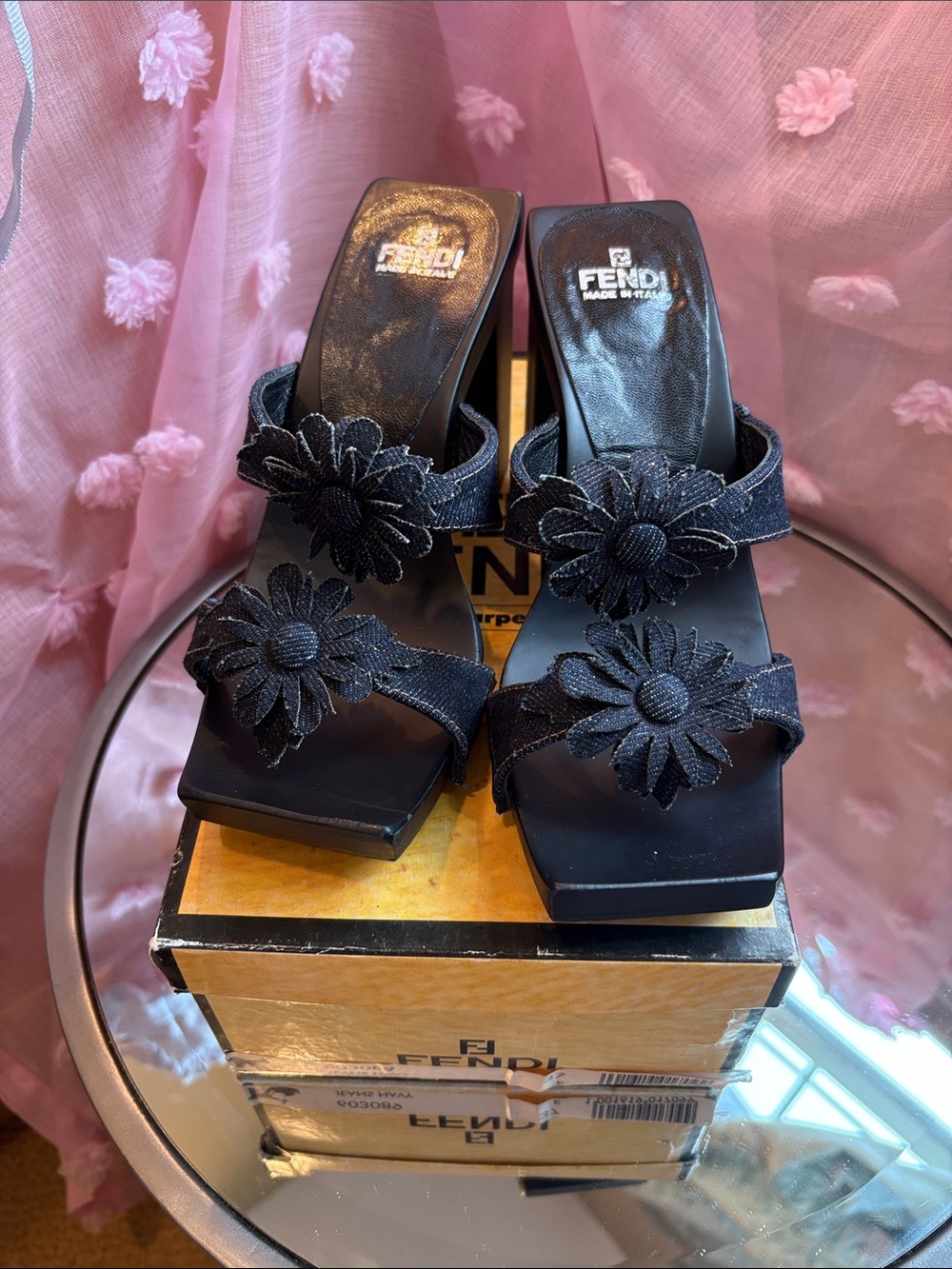 Authentic Vintage Y2K Fendi Denim Flower Block-Heel Sandals Mules - Karl Era